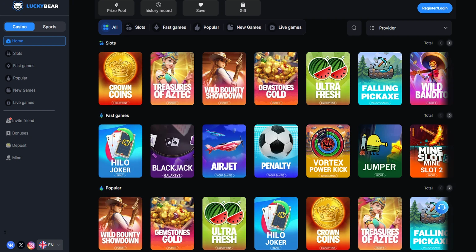 LuckyBear slotlar, jonli kazino va stavkalar